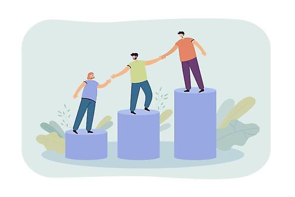 EPS 해외이미지 전신 여자 남자 일러스트 협력 서기 성인 세명 손잡기 도움 동료 원기둥 손뻗기 성인만 멘토링 해외일러스트 교육 컨셉 관계 모션 사람 원형 파일형식 벡터 이미지허브