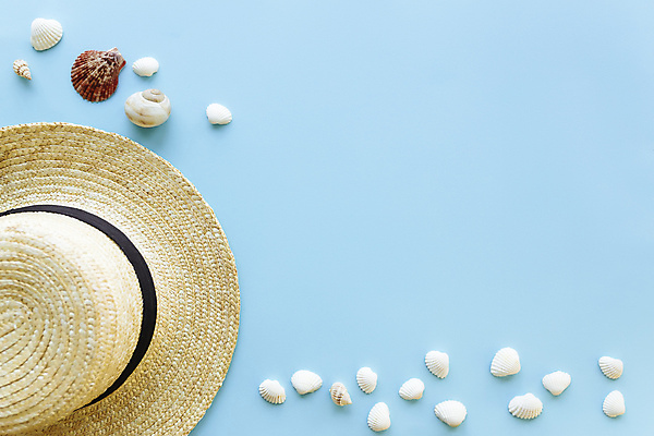 포토 JPG 해외이미지 스튜디오촬영 하늘색 백그라운드 사람없음 하이앵글 조개껍데기 오브젝트 밀짚모자 카피스페이스 해외포토 모자_잡화 뷰포인트 조개 실내 파란색 공백 파일형식 이미지허브 이미지허브