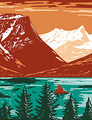 JPG 해외이미지 나무 호수 일러스트 자연 산 국립공원 풍경 사람없음 미국 그림 카툰스타일 해외일러스트 식물 공원 북아메리카 생태계 파일형식 이미지허브