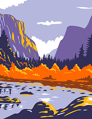 JPG 해외이미지 호수 일러스트 하늘 산 국립공원 사람없음 보라색 그림 카툰스타일 요세미티국립공원 해외일러스트 공원 컬러 캘리포니아 파일형식 이미지허브