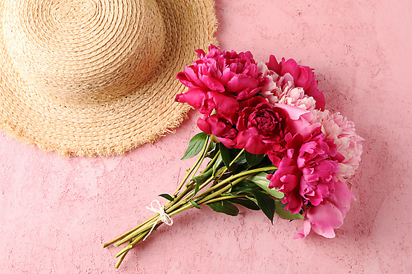 포토 JPG 해외이미지 꽃 분홍색 꽃다발 실내 사람없음 밀짚모자 해외포토 식물 모자_잡화 컬러 내부 파일형식 이미지허브