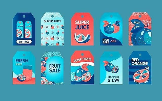 EPS 해외이미지 열매 잎 오렌지 과일 일러스트 사람없음 빨간색 파란색 꼬리표 라벨 세일 과일주스 해외일러스트 식물 컬러 프레임 주스 파일형식 벡터 이미지허브