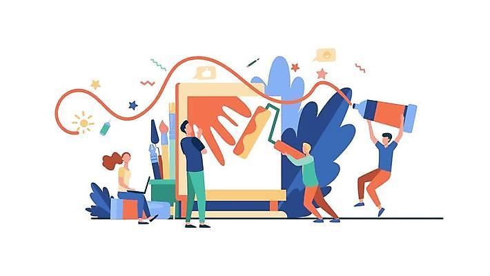 EPS 해외이미지 전신 여자 남자 일러스트 서기 들기 앉기 여러명 성인 노트북 물감 붓 그리기 디자이너 이젤 예술가 캔버스 페인트롤러 성인만 해외일러스트 직업 다수 모션 사람 전자제품 미술도구 파일형식 벡터 이미지허브