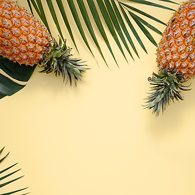 포토 JPG 해외이미지 실내 사람없음 하이앵글 파인애플 열대과일 노란배경 몬스테라 열대잎 카피스페이스 제철과일 해외포토 식물 뷰포인트 백그라운드 잎 과일 내부 노란색 공백 제철 파일형식 이미지허브