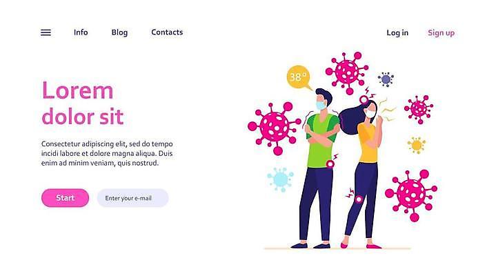 EPS 해외이미지 전신 템플릿 여자 남자 일러스트 마스크 서기 성인 두명 고통 열 호흡기관 바이러스 감염 긴장 고열 증상 성인만 코로나바이러스 확진자 델타변이바이러스 해외일러스트 감정 모션 사람 장기_의학 온도 파일형식 벡터 이미지허브