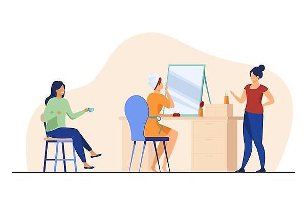 EPS 해외이미지 전신 여자 의자 일러스트 함께함 앉기 성인 세명 수건 뷰티 화장품 거울 화려 화장대 문서가방 성인여자만 해외일러스트 가구 컨셉 모션 사람 위생용품 여자만 성인만 파일형식 벡터 이미지허브