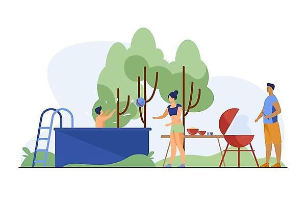 EPS 해외이미지 전신 나무 여자 남자 어린이 일러스트 공 물놀이 식탁 요리 서기 손짓 소년 상반신 성인 세명 여름휴가 풀장 캠핑 던지기 바베큐그릴 해외일러스트 식물 모션 놀이 탁자 레저 휴가 수영장 사람 그릴 바비큐 파일형식 벡터 여름_계절 이미지허브