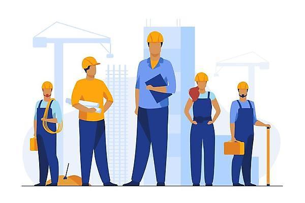 EPS 해외이미지 전신 여자 남자 허리손 일러스트 서기 들기 여러명 성인 설계도 공구 안전모 공구함 건축설계사 건축업자 성인만 건설근로자 해외일러스트 직업 건축 포즈 다수 모션 건설업 사람 도구 헬멧 안전장비 건축가 파일형식 벡터 이미지허브