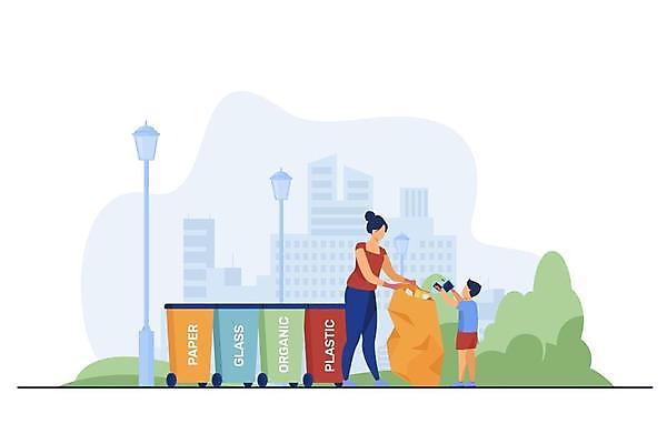 EPS 해외이미지 전신 여자 남자 어린이 일러스트 서기 들기 소년 성인 두명 재활용 환경오염 캔 쓰레기 친환경 분리수거 분리수거함 쓰레기봉투 해외일러스트 컨셉 모션 봉투 사람 환경 수거함 파일형식 벡터 이미지허브