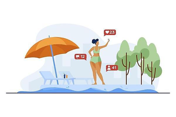 EPS 해외이미지 전신 나무 여자 허리손 말풍선 일러스트 물놀이 수영장 한명 들기 성인 여름휴가 스마트폰 비키니 하트 파라솔 셀프카메라 선베드 소셜미디어 성인여자한명만 해외일러스트 모양 식물 1 수영복 포즈 의자 모션 놀이 휴가 사람 핸드폰 스마트기기 사진촬영 여자한명만 성인여자만 파일형식 벡터 여름_계절 이미지허브