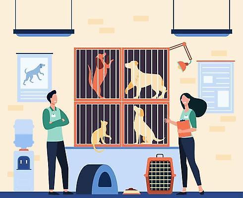 EPS 해외이미지 전신 여자 남자 여러마리 일러스트 조명 서기 들기 성인 두명 고양이 봉사 센터 강아지 자원봉사자 동물보호 개집 개밥그릇 동물보호구역 서류판 유기견 정수기 철장 케이지 성인만 유기묘 유기동물 해외일러스트 동물 그릇 다수 포유류 모션 사람 반려동물 사무용품 도움 개 사회이슈 애견용품 보호구역 파일형식 벡터 반려용품 이미지허브