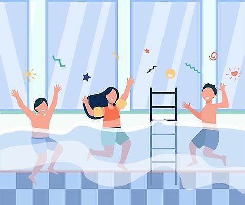 EPS 해외이미지 전신 여자 남자 수영복 어린이 일러스트 창문 물놀이 수영장 소년 세명 여름휴가 수영 만세 즐거움 어린이만 해외일러스트 옷 감정 모션 놀이 휴가 사람 수상스포츠 파일형식 벡터 여름_계절 이미지허브