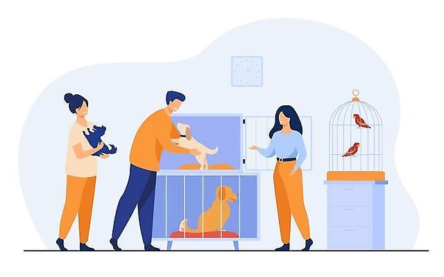 EPS 해외이미지 전신 여자 남자 반려견 여러마리 일러스트 안기 조류 함께함 사랑 서기 들기 성인 세명 반려동물 강아지 서랍장 새장 애완조 유기견 입양 케이지 성인만 유기동물 해외일러스트 반려용품 동물 감정 가구 다수 컨셉 모션 사람 개 오브젝트 파일형식 벡터 이미지허브
