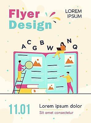 EPS 해외이미지 전신 디자인 알파벳 교육 일러스트 사다리 돋보기 서기 들기 앉기 타이포그라피 책 세명 노트북 연필 노란색 홍보물 해외일러스트 문자 영어 컬러 모션 학용품 사람 전자제품 필기구 도구 파일형식 벡터 이미지허브