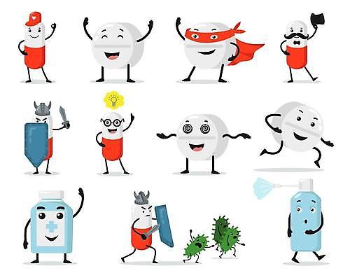 EPS 해외이미지 캐릭터 생각 일러스트 사람없음 달리기 알약 바이러스 칼 약병 탈출 콧수염 스프레이 방패 전사 슈퍼히어로 어지러운 해외일러스트 일러캐릭터 컨셉 모션 수염 약 영웅 병_담는 파일형식 벡터 이미지허브