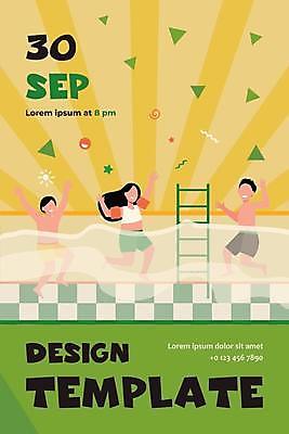 EPS 해외이미지 전신 디자인 여자 남자 수영복 어린이 일러스트 사다리 수영장 소년 타이포그라피 세명 초록색 노란색 즐거움 홍보물 꽃가루 어린이만 해외일러스트 문자 옷 감정 컬러 사람 도구 가루 파일형식 벡터 이미지허브