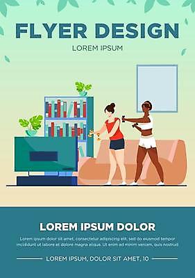 EPS 해외이미지 디자인 여자 일러스트 집안 책장 들기 성인 타이포그라피 두명 파란색 운동복 소파 아령 홍보물 성인여자만 홈트레이닝 해외일러스트 문자 옷 컬러 가구 의자 모션 실내 사람 운동 여자만 성인만 파일형식 벡터 이미지허브
