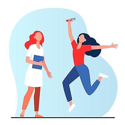 EPS 해외이미지 전신 여자 행복 일러스트 서기 성인 두명 점프 기쁨 환자 의사 잡기 바이러스 시험관 음성 성인여자만 해외일러스트 감정 의학 모션 실험기구 사람 의료진 여자만 성인만 파일형식 벡터 이미지허브