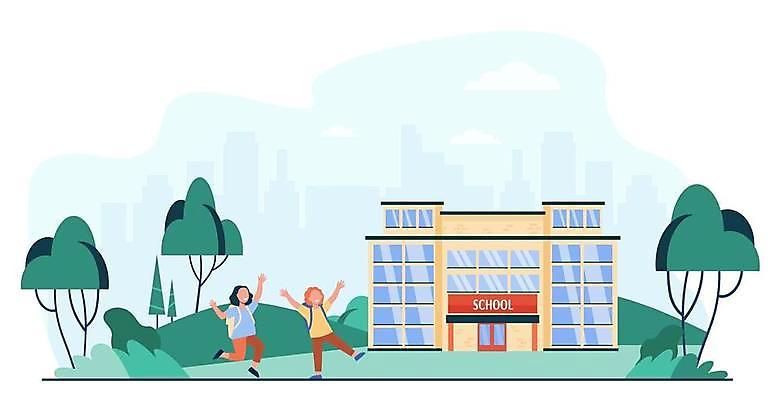 EPS 해외이미지 전신 나무 교육 어린이 일러스트 학교 서기 사람 소년 두명 건물 만세 어린이만 해외일러스트 식물 건축물 남자 모션 파일형식 벡터 이미지허브