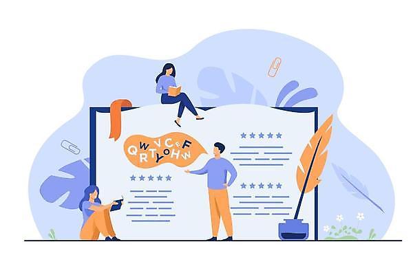 EPS 해외이미지 전신 여자 남자 허리손 말풍선 잎 일러스트 잉크 서기 앉기 성인 책 세명 학습 독서 작가 클립 깃털펜 북마크 성인만 해외일러스트 식물 직업 교육 포즈 모션 사람 펜 파일형식 벡터 이미지허브