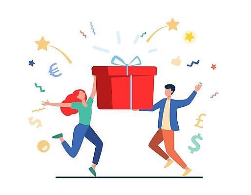 EPS 해외이미지 전신 여자 남자 일러스트 팔벌리기 선물 들기 성인 두명 선물상자 점프 축하 화폐기호 꽃가루 성인만 해외일러스트 기호 컨셉 모션 사람 상자 가루 화폐 파일형식 벡터 이미지허브