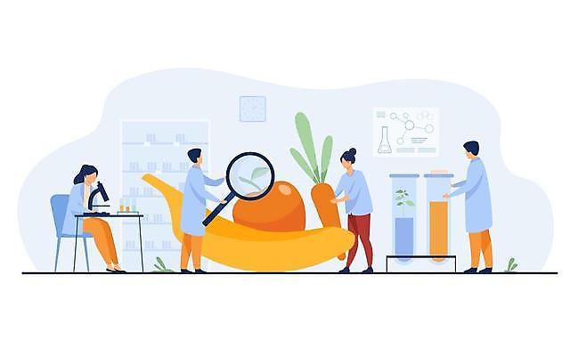 EPS 해외이미지 전신 여자 남자 채소 의자 과일 일러스트 바나나 현미경 실험 서기 들기 앉기 여러명 성인 실험실 사과 생명공학 과학자 책상 유리관 성인만 해외일러스트 직업 과학 가구 다수 의학 모션 실험기구 사람 학자 파일형식 벡터 이미지허브