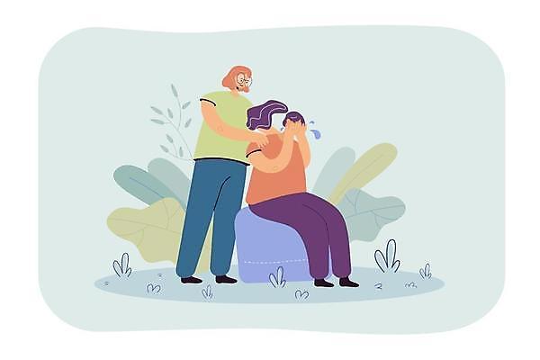 EPS 해외이미지 전신 여자 의자 일러스트 스트레스 함께함 앉기 성인 두명 친구 우정 슬픔 울음 눈물 얼굴가리기 위로 우울감 우울증 성인여자만 어깨에손 해외일러스트 감정 가구 컨셉 관계 모션 표정 사람 가림 질병 여자만 성인만 파일형식 벡터 이미지허브