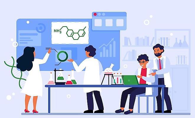 EPS 해외이미지 전신 여자 남자 과학 의자 일러스트 그래프 실험 서기 앉기 여러명 성인 가리킴 실험실 연구원 과학자 책상 플라스크 비커 화학식 성인만 해외일러스트 직업 가구 다수 모션 실험기구 사람 손짓 공식 학자 파일형식 벡터 이미지허브