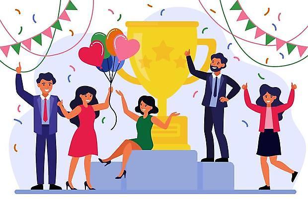 EPS 해외이미지 전신 여자 남자 일러스트 선물 서기 들기 앉기 손짓 여러명 성인 만세 축하 트로피 꽃가루 풍선 따봉 가랜드 성인만 해외일러스트 다수 컨셉 모션 사람 최고 가루 상_우승 파티용품 파일형식 벡터 이미지허브