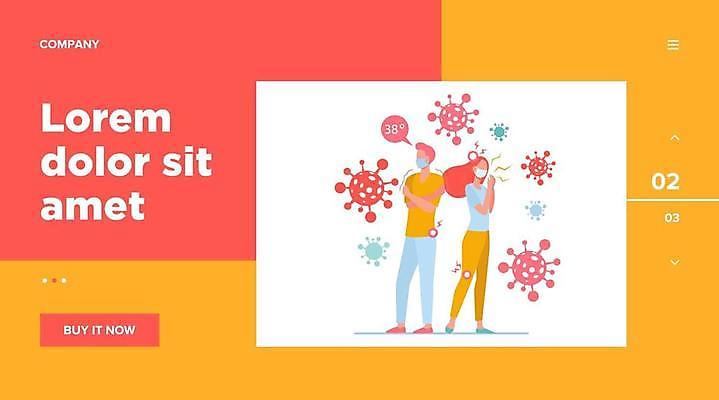 EPS 해외이미지 전신 템플릿 여자 남자 일러스트 마스크 서기 성인 두명 고통 열 호흡기관 바이러스 감염 긴장 고열 증상 성인만 코로나바이러스 확진자 델타변이바이러스 해외일러스트 감정 모션 사람 장기_의학 온도 파일형식 벡터 이미지허브