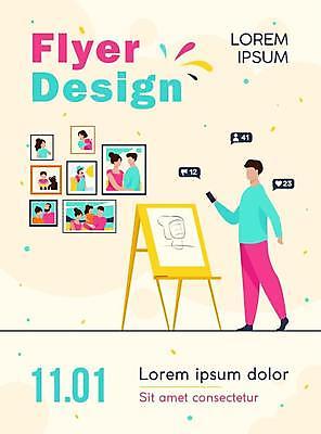 EPS 해외이미지 전신 디자인 남자 액자 말풍선 일러스트 한명 서기 들기 성인 타이포그라피 스마트폰 노란색 이젤 그림 홍보물 소셜네트워크 성인남자한명만 해외일러스트 문자 1 컬러 모션 사람 핸드폰 스마트기기 미술도구 남자한명만 성인남자만 파일형식 벡터 이미지허브