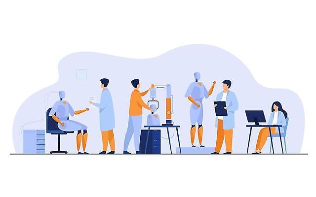 EPS 해외이미지 전신 여자 남자 과학 의자 일러스트 탁자 실험 서기 앉기 여러명 성인 실험실 로봇 책상 성인만 AI_인공지능 해외일러스트 가구 다수 모션 사람 파일형식 벡터 이미지허브