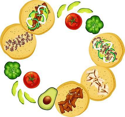 EPS 해외이미지 음식 조각 토마토 채소 일러스트 피망 프레임 건강 옥수수 요리 빨간색 초록색 식사 치킨 소고기 반지 원형 플랫 그릴 정상 슬라이스 각도 아보카도 점심식사 무생채 앙트레 해외일러스트 도형 컬러 과일 장신구 주방용품 곡류 육류 닭고기요리 파일형식 벡터 이미지허브