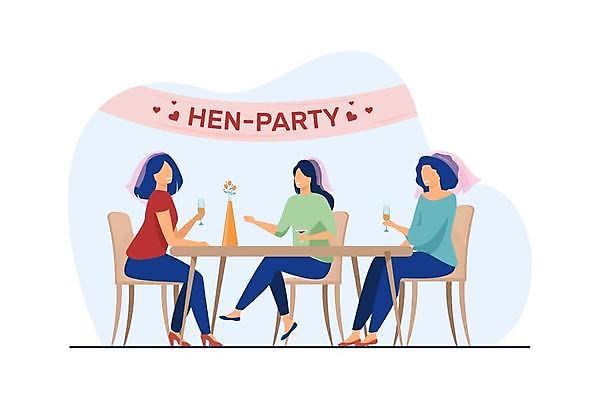 EPS 해외이미지 전신 여자 신부 의자 일러스트 탁자 면사포 선물 들기 앉기 성인 세명 친구 파티 꽃병 축하 샴페인 건배 성인여자만 브라이덜샤워 해외일러스트 꽃 가구 결혼 컨셉 관계 모션 주류 사람 이벤트 결혼소품 여자만 성인만 파일형식 벡터 이미지허브