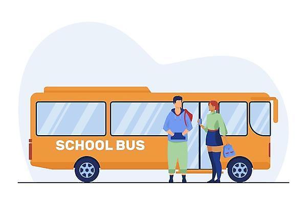 EPS 해외이미지 전신 여자 남자 일러스트 대중교통 책가방 서기 들기 성인 두명 스쿨버스 주머니손 성인만 해외일러스트 교통수단 가방 모션 버스 사람 파일형식 벡터 이미지허브