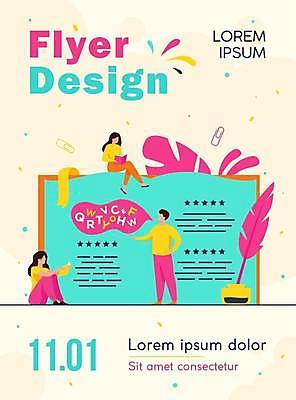 EPS 해외이미지 디자인 여자 교육 남자 말풍선 일러스트 서기 들기 앉기 성인 타이포그라피 책 세명 노란색 홍보물 클립 깃털펜 잉크통 성인만 해외일러스트 문자 컬러 모션 통 사람 펜 파일형식 벡터 이미지허브