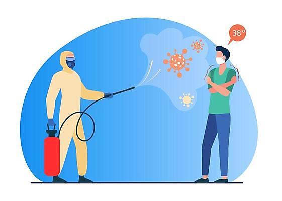 EPS 해외이미지 전신 남자 일러스트 마스크 성인 두명 바이러스 감염 고열 방역 증상 성인남자만 확진 방역복 방역사 확진자 방역기 해외일러스트 직업 옷 의학 사람 온도 남자만 성인만 파일형식 벡터 이미지허브