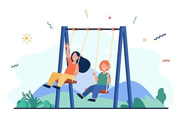 EPS 해외이미지 전신 여자 남자 어린이 일러스트 앉기 소년 두명 놀이터 그네 그네타기 어린이만 해외일러스트 모션 놀이 사람 파일형식 벡터 이미지허브