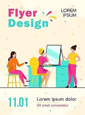 EPS 해외이미지 전신 여자 의자 일러스트 함께함 앉기 성인 타이포그라피 세명 수건 뷰티 화장품 거울 화려 화장대 꽃가루 성인여자만 해외일러스트 문자 가구 컨셉 모션 사람 위생용품 가루 여자만 성인만 파일형식 벡터 이미지허브