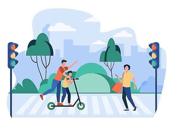 EPS 해외이미지 전신 라이프스타일 남자 어린이 하늘색 일러스트 들기 소년 성인 세명 스마트폰 횡단보도 신호등 퀵보드 남자만 로드에티켓 해외일러스트 교통수단 모션 사람 생활 파란색 핸드폰 스마트기기 예절 보행로 파일형식 벡터 이미지허브