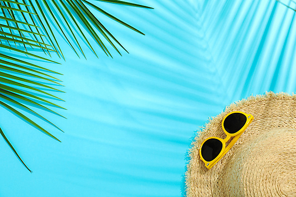 포토 JPG 해외이미지 스튜디오촬영 사람없음 하이앵글 선글라스 오브젝트 밀짚모자 야자수잎 카피스페이스 해외포토 모자_잡화 안경 뷰포인트 잎 실내 공백 파일형식 이미지허브 이미지허브