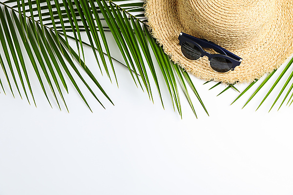 포토 JPG 해외이미지 스튜디오촬영 사람없음 하이앵글 선글라스 오브젝트 밀짚모자 야자수잎 카피스페이스 해외포토 모자_잡화 안경 뷰포인트 잎 실내 공백 파일형식 이미지허브 이미지허브
