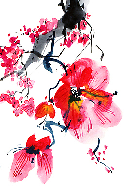 포토 JPG 해외이미지 꽃잎 꽃 줄기 분홍색 일러스트 캘리그라피 붓터치 수묵화 미술 사람없음 나뭇가지 동양화 번짐 해외일러스트 나무 식물 컬러 문화예술 파일형식 효과 이미지허브