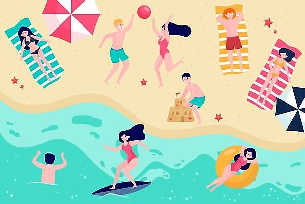 EPS 해외이미지 전신 여자 남자 여행 일러스트 불가사리 서기 여러명 상반신 성인 해변 여름휴가 눕기 손들기 수영 파라솔 서핑보드 서핑 비치볼 비치발리볼 선베드 공놀이 해수욕 모래성 서퍼 성인만 해외일러스트 모래 바다 다수 의자 공 모션 놀이 휴가 극피동물 운동선수 바캉스용품 사람 수상스포츠 보드_스포츠 배구 파일형식 벡터 여름_계절 이미지허브