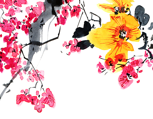 포토 JPG 해외이미지 꽃잎 꽃 줄기 분홍색 일러스트 캘리그라피 붓터치 수묵화 미술 사람없음 나뭇가지 동양화 번짐 해외일러스트 나무 식물 컬러 문화예술 파일형식 효과 이미지허브