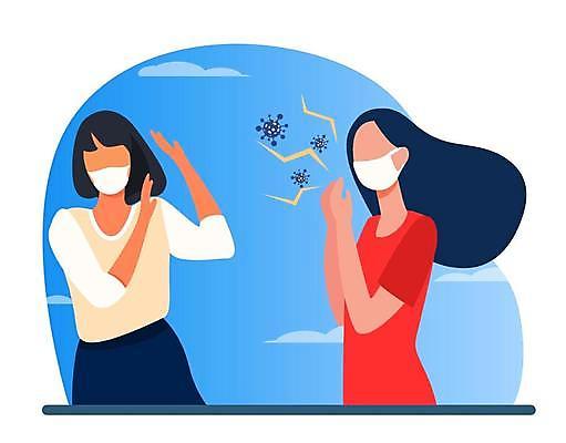 EPS 해외이미지 여자 일러스트 마스크 상반신 성인 두명 바이러스 위험 귀막기 감염 기침 재채기 증상 성인여자만 확진 해외일러스트 컨셉 의학 사람 손짓 여자만 성인만 파일형식 벡터 이미지허브