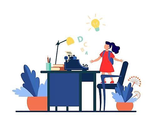 EPS 해외이미지 전신 여자 화분 어린이 의자 일러스트 전구 팔벌리기 아이디어 한명 서기 책 학습 스탠드 작가 책상 연필꽂이 타자기 소녀한명만 해외일러스트 직업 1 교육 가구 컨셉 모션 문구용품 조명 사람 골동품 여자한명만 소녀만 파일형식 벡터 이미지허브