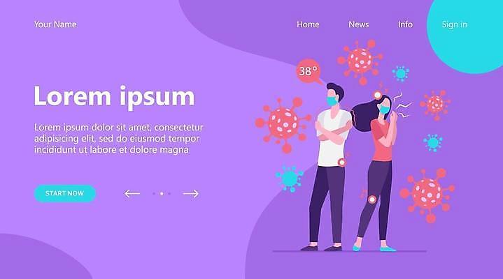 EPS 해외이미지 전신 템플릿 여자 남자 일러스트 마스크 서기 성인 두명 고통 열 호흡기관 바이러스 감염 긴장 고열 증상 성인만 코로나바이러스 확진자 델타변이바이러스 해외일러스트 감정 모션 사람 장기_의학 온도 파일형식 벡터 이미지허브