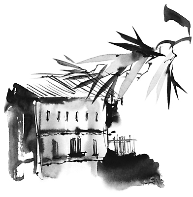 JPG 해외이미지 일러스트 붓터치 나뭇잎 주택 수묵화 사람없음 검은색 동양화 번짐 해외일러스트 컬러 잎 미술 건물 파일형식 효과 이미지허브