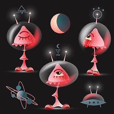 EPS 해외이미지 캐릭터 과학 컨셉 일러스트 전구 미술 그래픽 빨간색 빛 세트 우주 검은색 어둠 버섯 행성 외계인 달 야간 만화 사인 공상 오리지널 환상 스타일 해외일러스트 일러캐릭터 자연요소 컬러 문화예술 미확인물체 파일형식 벡터 이미지허브